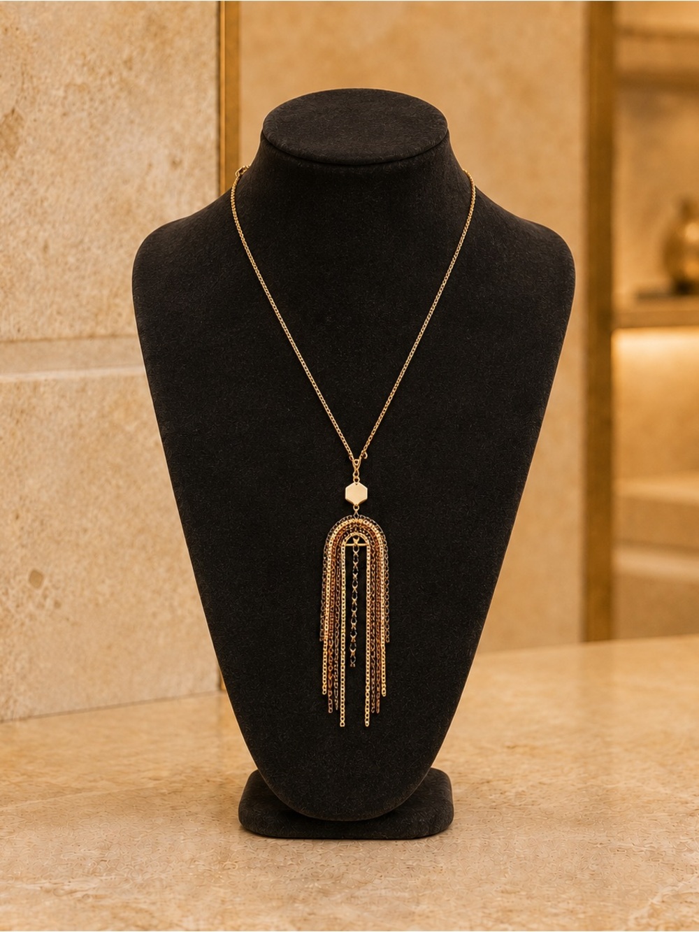Panacea Gold Tone Pavé Bauble Waterfall Tassel Y Necklace 33” New Disco Glam Fun